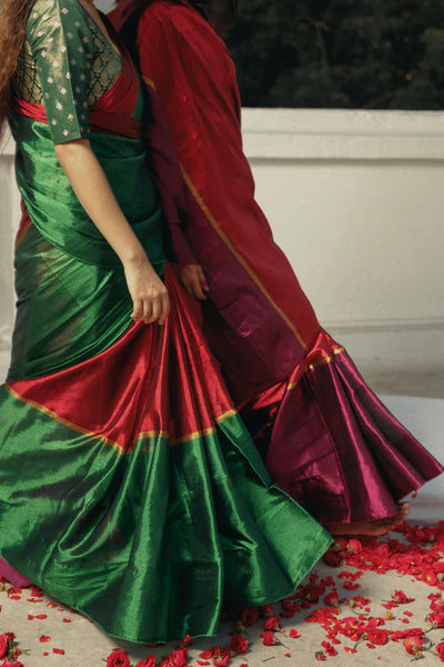 Red and Green Handloom Tissue saree