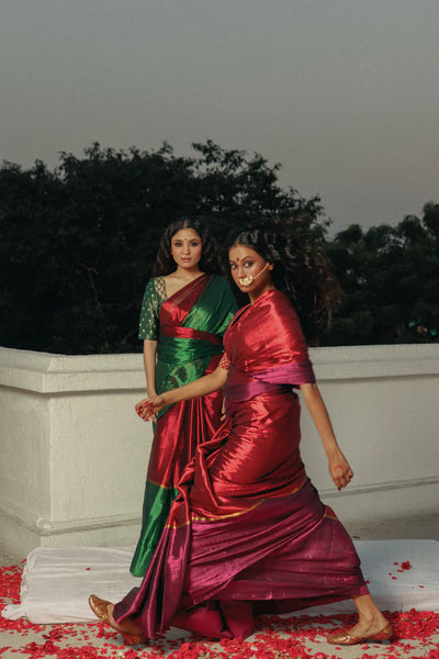 Red and Green Handloom Tissue saree