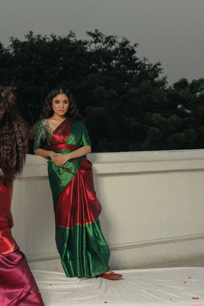 Red and Green Handloom Tissue saree