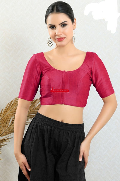 Readymade Mulbury Silk Padded Front Open Elbow Sleeves Magenta Saree Blouse