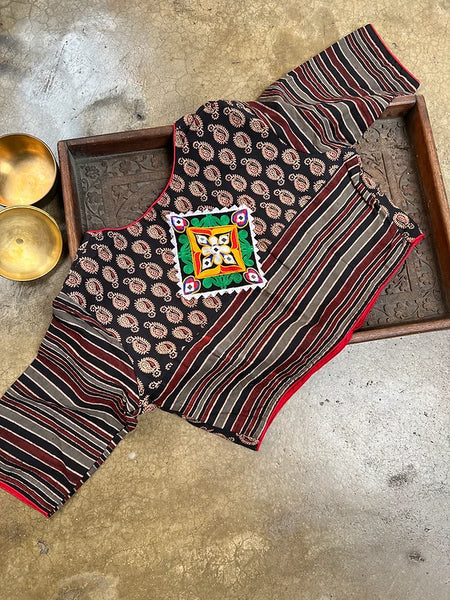 Readymade Pure Cotton Ajrakh Blouse with Kutch Embroidery Blouse