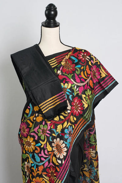 Black Kantha Stitch Hand Embroidery Saree on Pure Silk