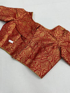 Readymade Red Boat Neck Banarasi Brocade Blouse