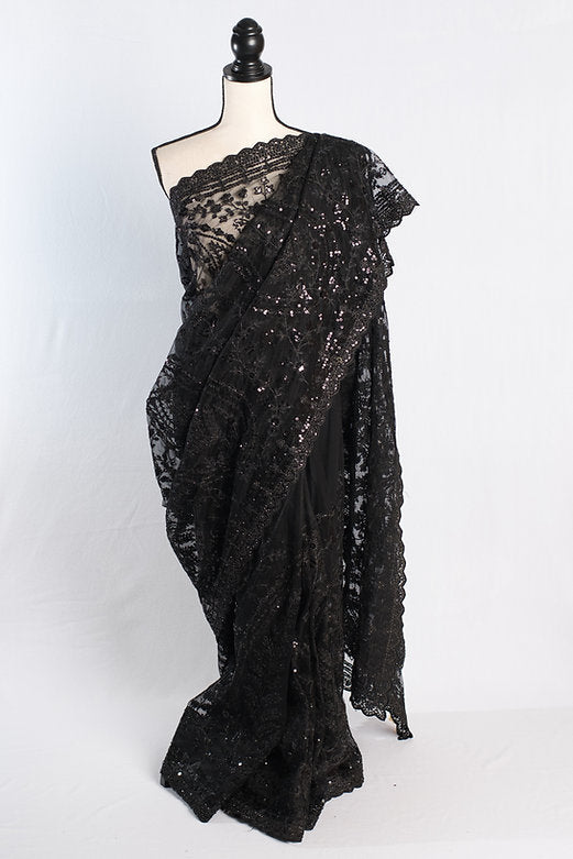 Black Designer Net Saree With Embroidery Thread Work