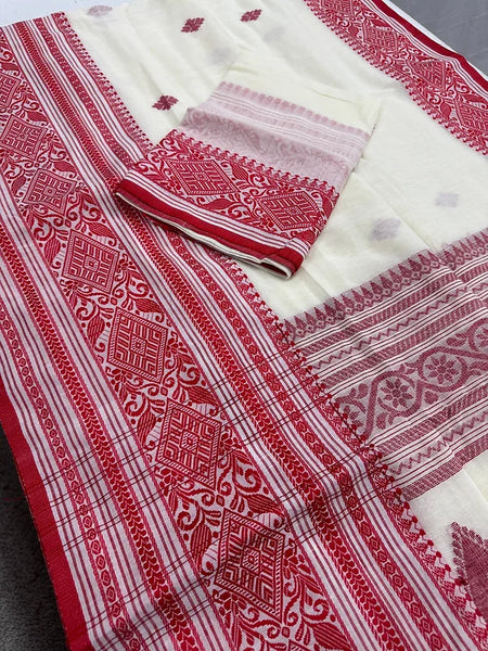 Bengali Soft Cotton Saree in Off White and Red with Nakshi Border