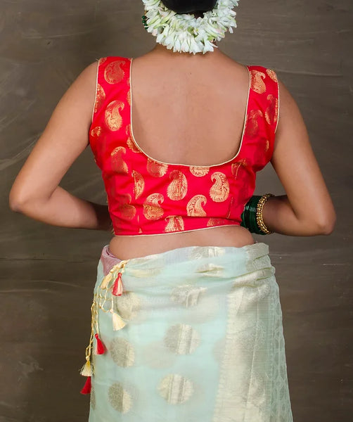 Readymade Semi Silk Red Banarasi Sleeveless Blouse