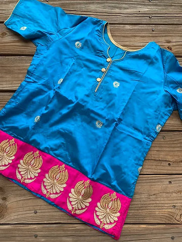 Readymade Turquoise Blue and Magenta Pure Banarasi Silk Waist Length Blouse