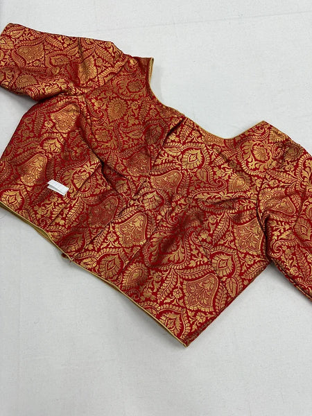 Readymade Red Boat Neck Banarasi Brocade Blouse