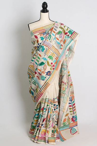 Beige Tussar with Multicolor Kantha Embroidery in Lotus design