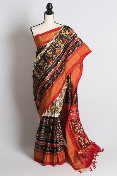 Skirt Border Patola Ikkat Silk Saree in Off White, Red, and Black