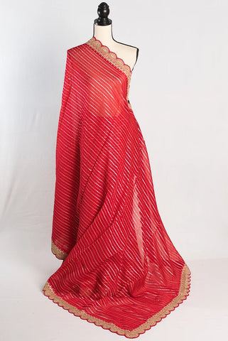 Red Georgette Saree with Golden Stripes and Designer Border