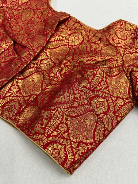 Readymade Red Boat Neck Banarasi Brocade Blouse