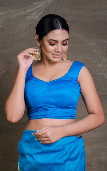 Readymade Turquoise Blue Sleeveless Designer Saree Blouse