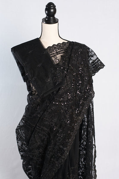 Black Designer Net Saree With Embroidery Thread Work