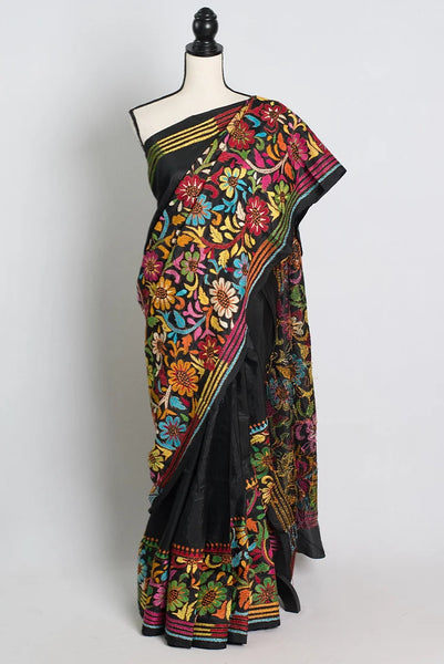 Black Kantha Stitch Hand Embroidery Saree on Pure Silk