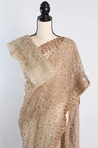 Beige Soft Designer Net Saree With Embroidery and Stone Work