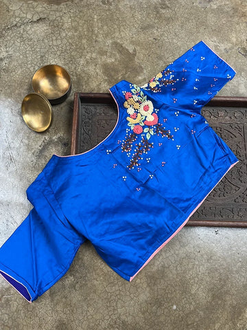 Readymade Blue and Pink Pure Cotton Silk Embroidery Blouse