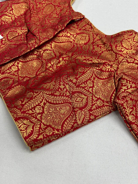 Readymade Red Boat Neck Banarasi Brocade Blouse