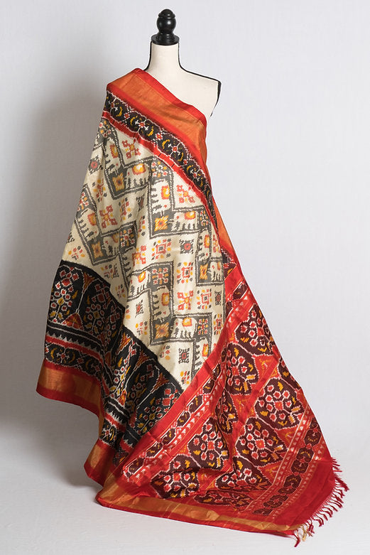 Skirt Border Patola Ikkat Silk Saree in Off White, Red, and Black