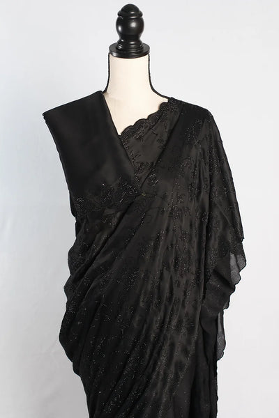 Black Designer Satin Silk Saree with Embedded Crystal