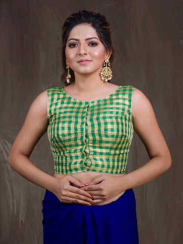 Readymade Checks Sleeveless Blouse in Green and Gold