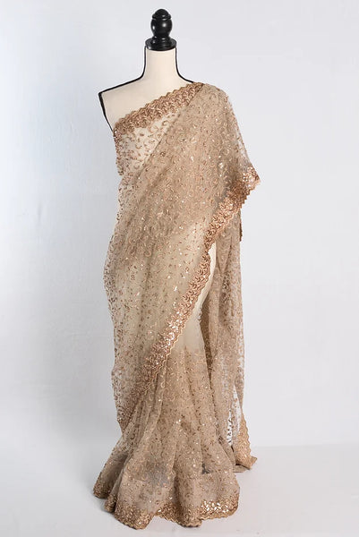 Beige Soft Designer Net Saree With Embroidery and Stone Work