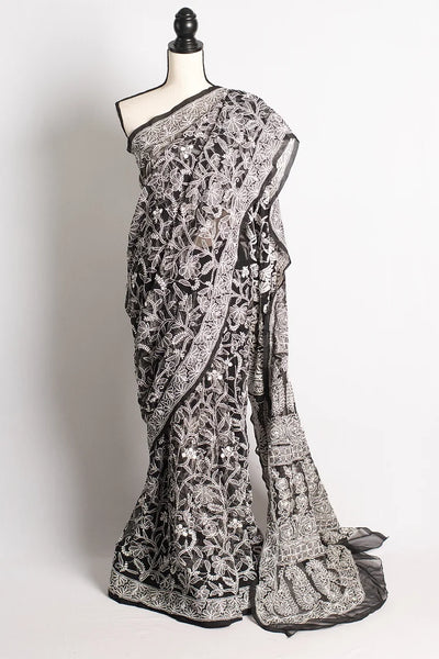 Hand Embroidery Georgette Black and White Lucknowi Chikankari Saree