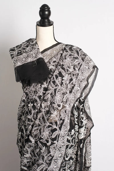 Hand Embroidery Georgette Black and White Lucknowi Chikankari Saree