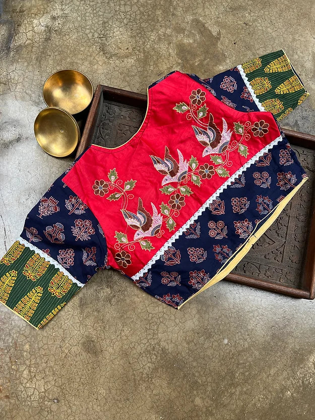 Readymade Blue, Green and Red Pure Cotton Ajrakh Blouse with Embroidery Blouse