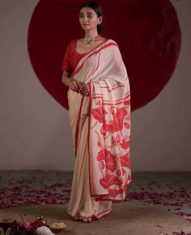 Red And White Mulmul Cotton Floral Print Saree