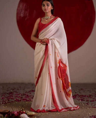 Red And White Mulmul Cotton Printed Saree