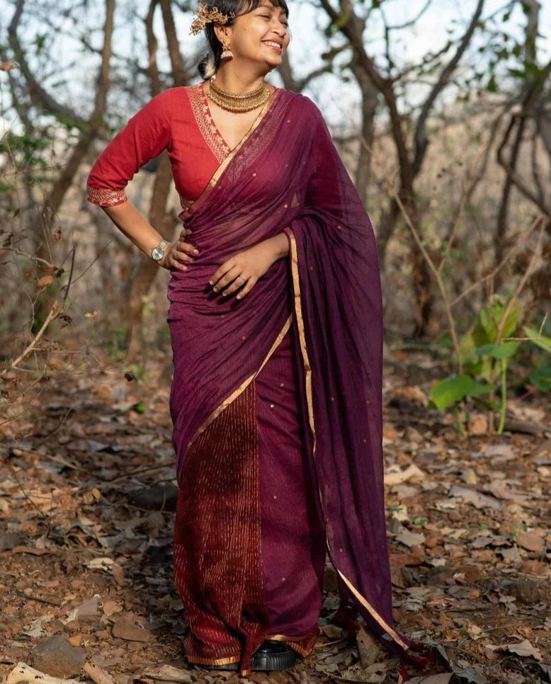 Beautiful Cotton Saree With Zari and Hand-Embroidered Chumkis