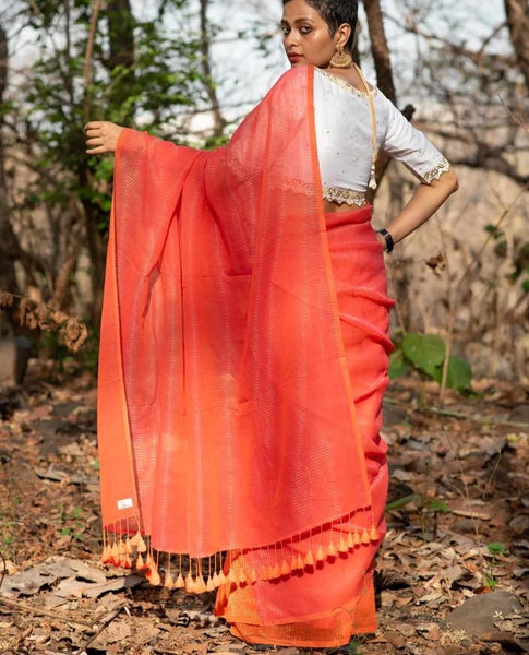 Orange-Pink Pure Katan Silk Banarasi Handloom Saree - Tilfi