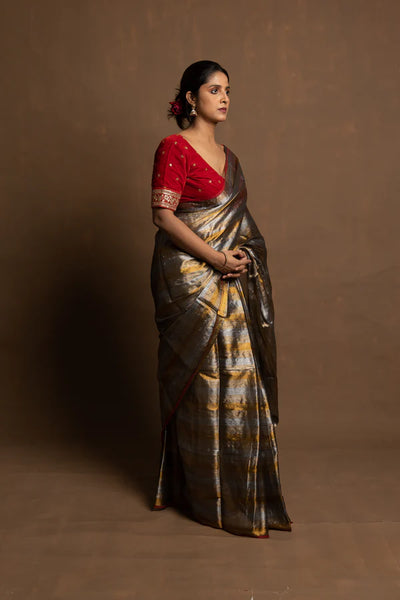 Tri Colored Metallic Gold, Silver, Green Handloom Tissue Saree