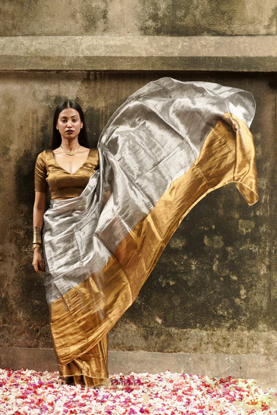 Gold And Silver Handloom Tissue Saree