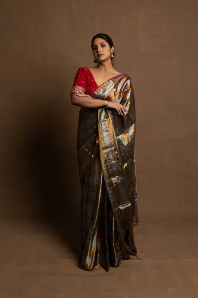 Tri Colored Metallic Gold, Silver, Green Handloom Tissue Saree