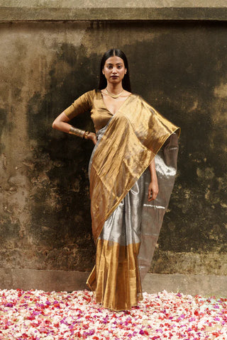 Gold And Silver Handloom Tissue Saree