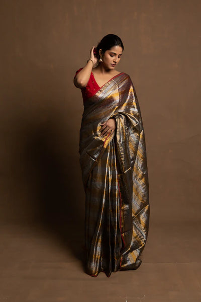 Tri Colored Metallic Gold, Silver, Green Handloom Tissue Saree