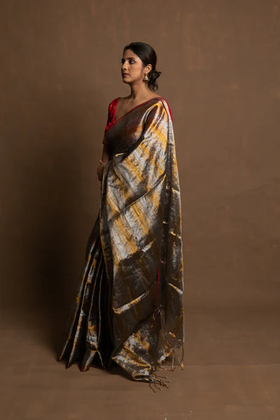 Tri Colored Metallic Gold, Silver, Green Handloom Tissue Saree