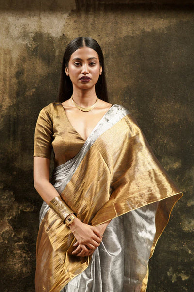 Gold And Silver Handloom Tissue Saree