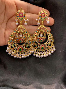 Hydrabadi Jaddau Navratan Earrings in gold finish