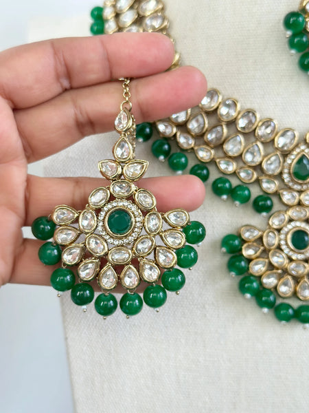 Green Kundan Necklace and Earring 3 Piece Set