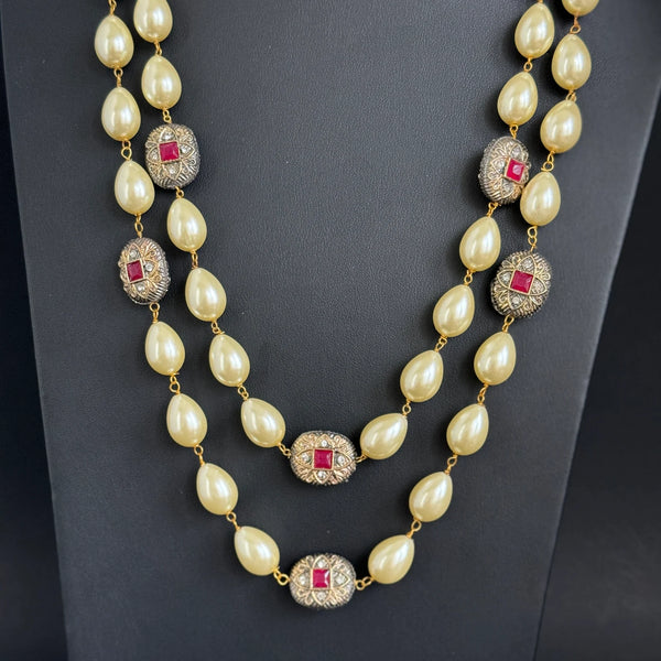 Beige Pearl Kundan Long Necklace Indian Jewelry