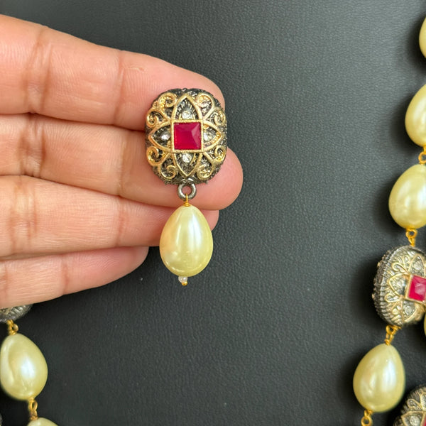 Beige Pearl Kundan Long Necklace Indian Jewelry