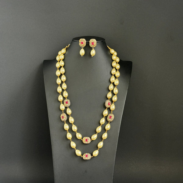 Beige Pearl Kundan Long Necklace Indian Jewelry