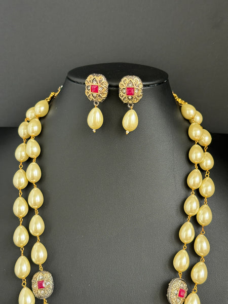 Beige Pearl Kundan Long Necklace Indian Jewelry