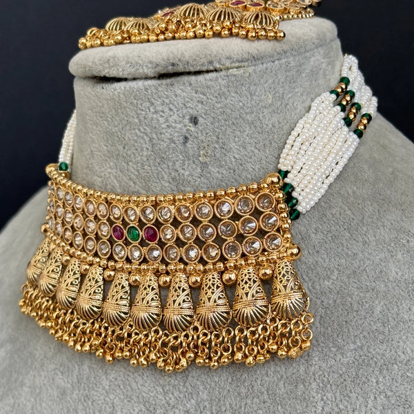 RubyGreen gold Polki Kundan choker Antique necklace and Earring Set