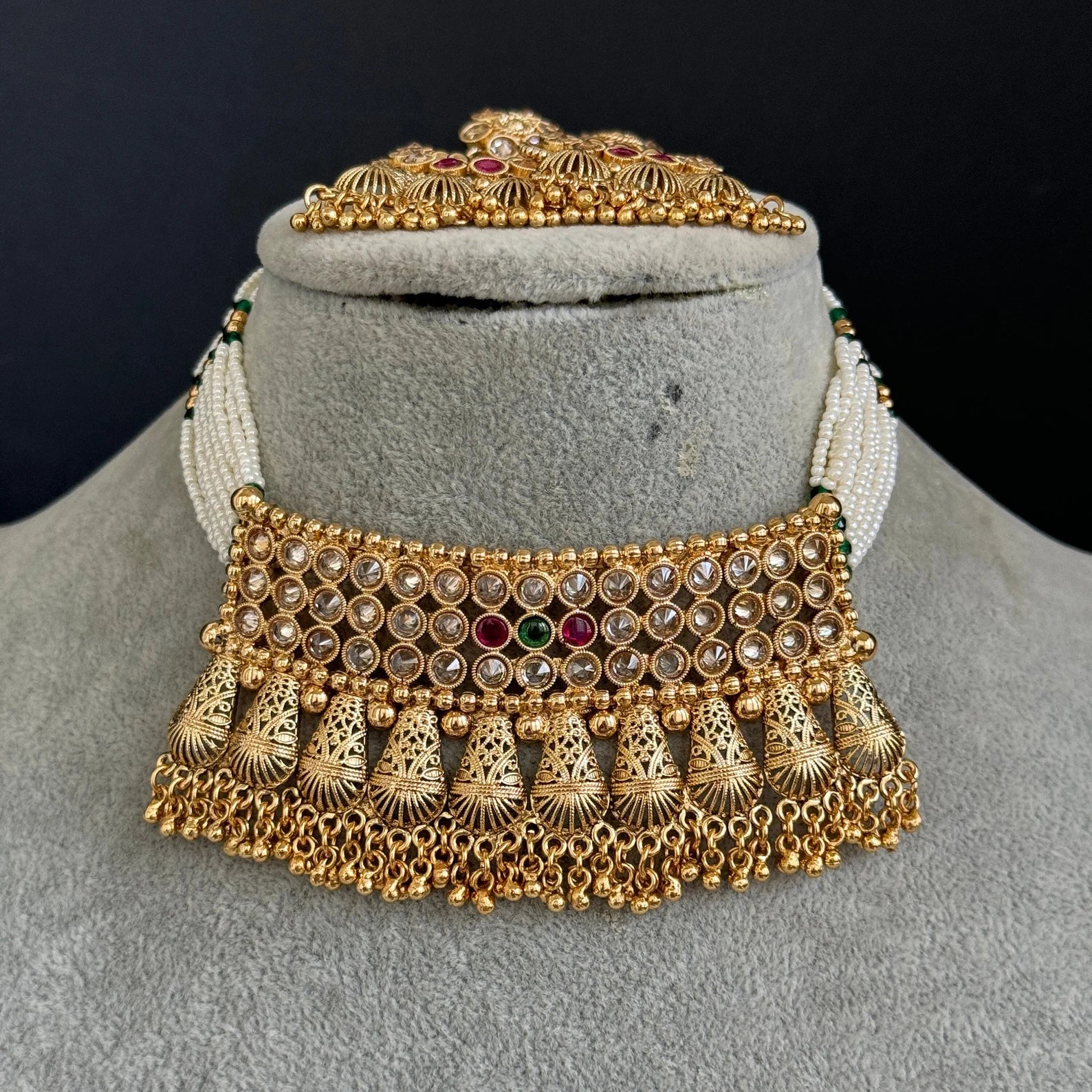 RubyGreen gold Polki Kundan choker Antique necklace and Earring Set