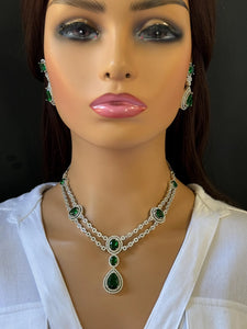 Emerald CZ diamond necklace and earring Set