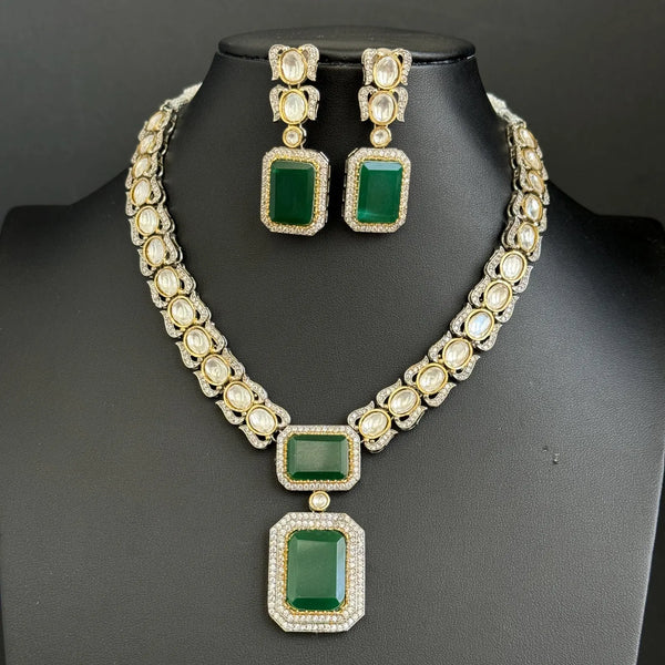 Green Premium Dual Tone uncut Polki Kundan Necklace and Earring